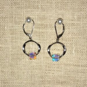 Sterling silver hoop w/iridescence crystal square bead earrings